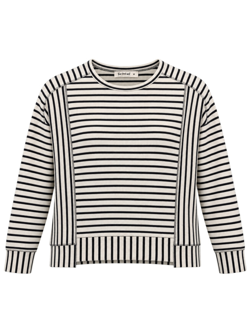 Women's Three Bird Nest Striped Waffle Knit Sweatshirt, Size M, White/Black
161